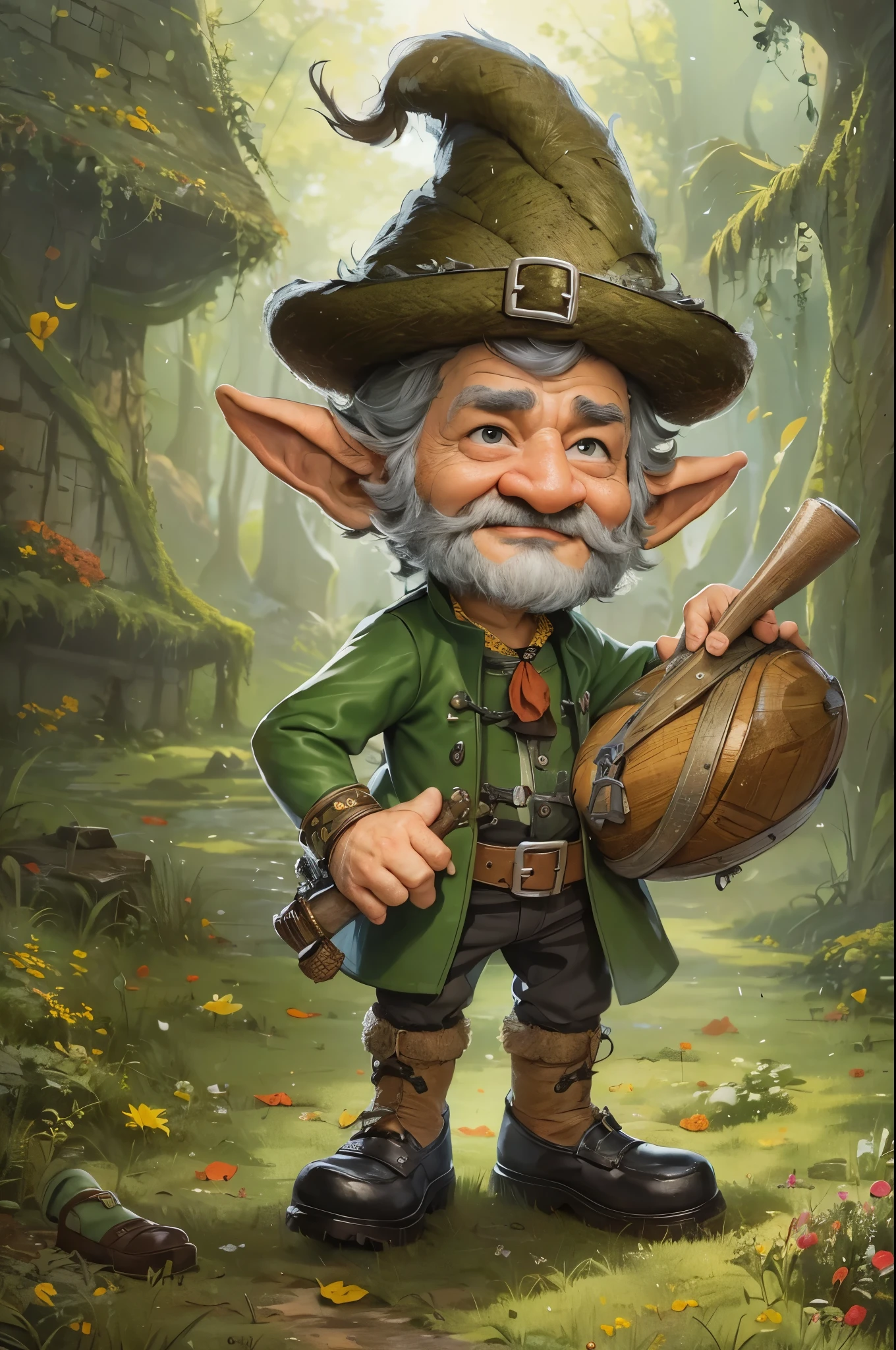 (master piece), 8k, best quality, cartoon, Leprechaun, tiny little man, 1 meter tall, black hair, black beard, old man, wrinkled skin, thick nose, brown eyes and pointed elf ears, which denote his magical nature , green clothing, often accompanied by a red cap, a strange green three-cornered hat, a leather apron, pipe, small old and worn hammer, shoes with buckles complete his characteristic attire.