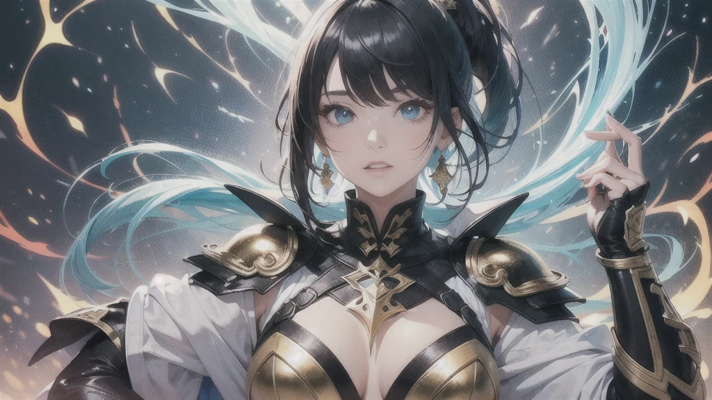 a mature woman, Confident, mighty and strong, (black blue hair streaked sky blue luminous hair), ((Extra long high ponytail with single side ear front hair combed in back)), floating hair, hair strand, shiny hair, blue amber eyes, pupils sparkling, aqua eyes, glowing eyes, pupils sparkling, upturned eyes, long upper eyelashes, double eyelids, deep red purple lips, white crystal earrings, a slight smile, (((Glowing clothing effect))), (Silver full body heavy armor), (((super high exquisite black and gold twin color pattern on silver armor))), ((Right hand holds a silver spear with lightning)), ((The left forearm is surrounded by fire and lightning)), (A huge upright lightning ring totem floats behind the shoulders), She is a war goddess, Random pose, Random expressions, Random background, White light surrounding the body, god rays, anime, full_body, Wide-Angle, UHD, masterpiece, award winning, 8k, super detail, best quality, retina, ccurate, super textured skin, super detail face, perfect face, Super fine facial details, beautiful and delicate eyes, perfect eyes, anatomically correct, correct limbs, correct finger, super detail finger, best hair quality, best clothing quality, best prop quality, best totem detail and quality, complex totem detail
