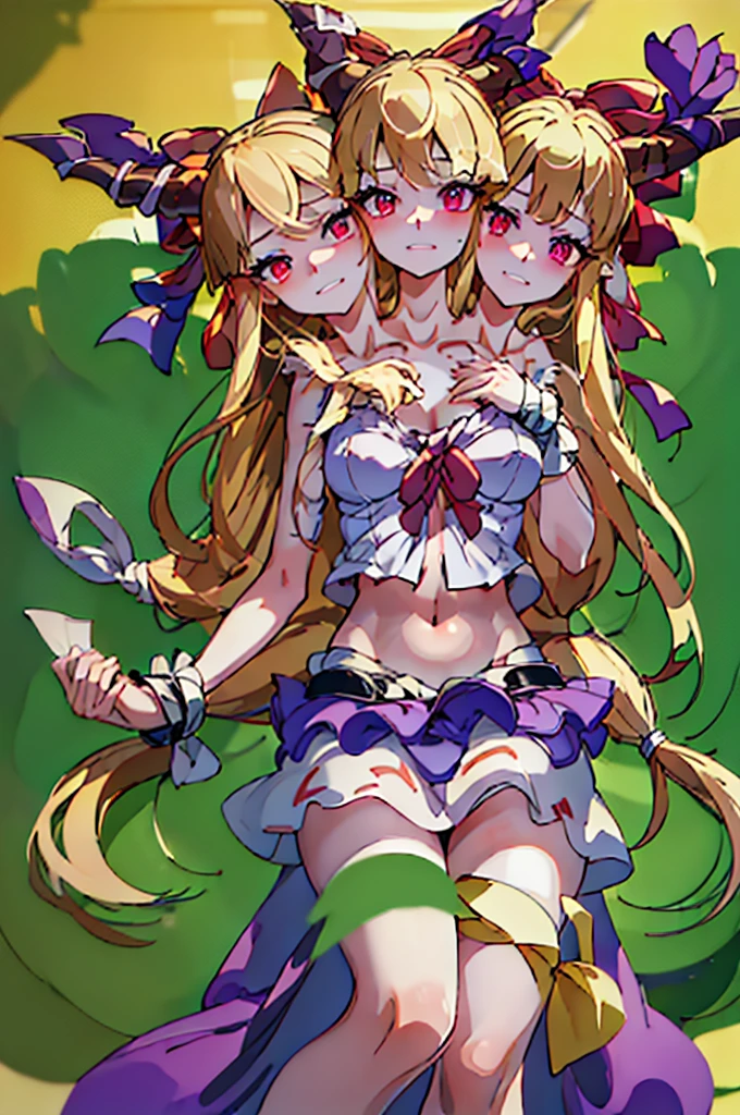 (masterpiece, best quality), best quality, (ultra-detailed), (3heads:1.5), 1girl, (suika ibuki:1.3), masterpiece, (best quality:1.5, highres, UHD), highres, absurdo, ultra detail, ultra quality, Ultra resolution, tattered pale pink top, crop top, ((stomach)), midriff, ((groin)), purple and pink skirt, normal ears, shackles, blonde hair, very long hair, wavy hair, sidelocks, red eyes, detailed eyes, parted lips, sweat, cute, toned belly, hand on own chest, eyelashes, (25 year old woman:1.3), (masterpiece:1.5), (best quality:1.5), (beautiful detailed), extremely detailed CG, extremely delicate and beautiful, depth of field, (finely detailed face), (perfect details:1.2), (mature female:1.3), wide pelvis, slender, large veiny breast, 16k resolution, very high quality, very high definition, extremely detailed, masterpiece, blonde hair, long hair, alluring presence, braid, short skirt, close up, big , young, two long straight oni horns on her head, decorated with ribbons, open belly, nsfw, midriff, girl with three heads,