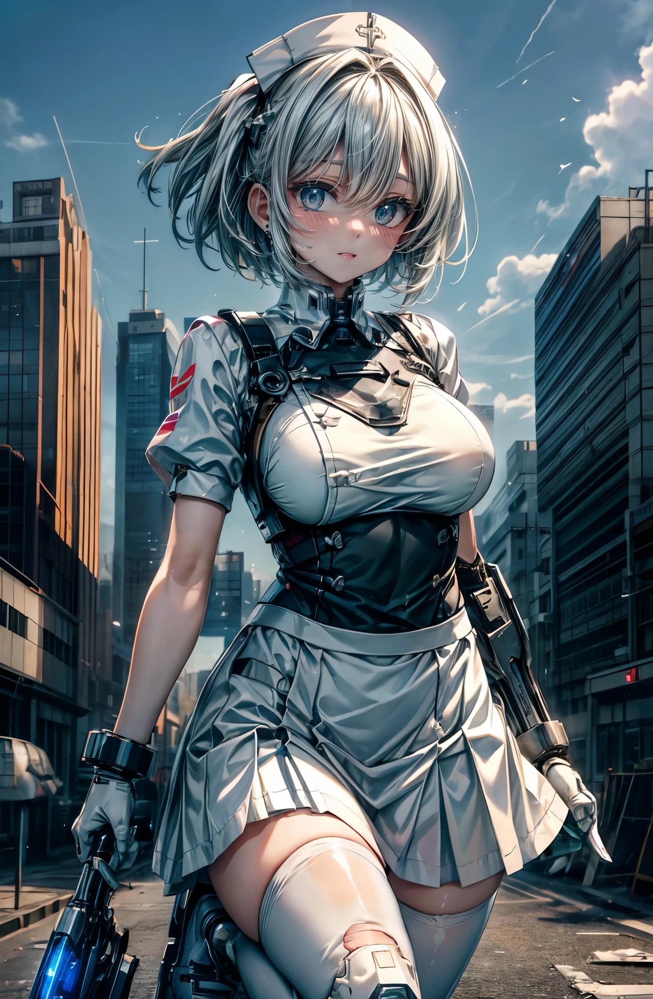 hyper quality、8K quality、High resolution、Image quality taken with a single-lens reflex camera、(SFW)、perfect anatomy、(White theme)Critical care、Mecha girl of justice、Beautiful girl with short gray ash hair、green eyes、Goddess smile、big breasts、(exposed thighs、squat:1.2)(white long nurse uniform、nurse style long skirt、medical equipment 1.6)(Mechanical parts below the elbow and below the knee:1.3)BREAK、(perfect anatomy:1.4)BREAK(white broken wall、daytime outdoors、Endless blue sky、horizon、destroyed city、A city where hope has disappeared:1.3)