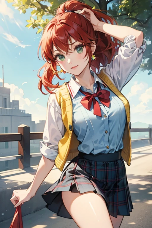 In New Leaf, she wears a green checkered vest with a white short-sleeved blouse and a red ribbon tie, with a navy blue skirt. During fall and winter, she wears a yellow cardigan instead of a vest, and a black skirt. Her hair is tied up with a red elastic hair tie and bells attached that jingle as she walks or move her head. This is the outfit she wears in Mario Kart 8 as well as in her Super Smash Bros. series appearances. SPARKLE; GLITTE