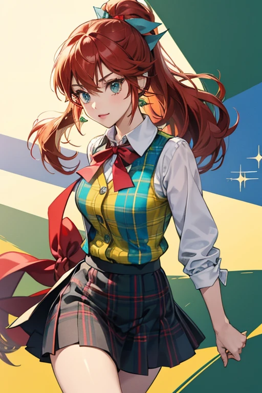 In New Leaf, she wears a green checkered vest with a white short-sleeved blouse and a red ribbon tie, with a navy blue skirt. During fall and winter, she wears a yellow cardigan instead of a vest, and a black skirt. Her hair is tied up with a red elastic hair tie and bells attached that jingle as she walks or move her head. This is the outfit she wears in Mario Kart 8 as well as in her Super Smash Bros. series appearances. SPARKLE; GLITTE