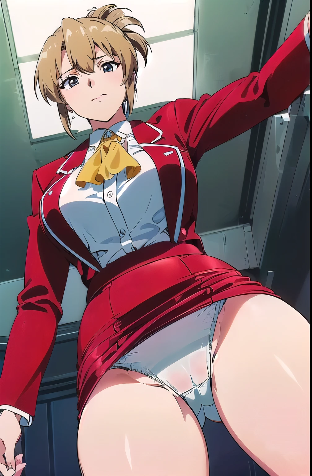 masterpiece, highest quality, 1 girl, (one body), super detailed, High resolution, Very detailed CG, 1st Default, first closing, (first hairstyle:1.5), (folded ponytail:1.5), (40mature adult woman:1.5), long sleeve, (big:1.5), office, (red面:1.5), (smile*1.5), (red_Jacket:1.5), whiteのシャツ, earrings, Ascot, brooch, (red_pencil skirt:1.5), (red_lips), whiteいthighs, huge breasts, (wide pelvis), (Are standing), (とてもbig_lower body:1.5), (Very thick_thighs:1.5), (完全に露出したpanties:1.5), (panties丸見え:1.5), (white_race_Transparent_panties:1.5), (lift the skirt:1.5), (スカート that rolls up:1.5), (股間のアップをfrom below見上げる_perspective:1.5), (from below:1.5), (looking at the viewer), (cowboy shot)