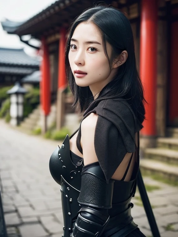 master piece, best quality, (((real、realistic:1.37))), ((solo)), 8K quality , very delicate and beautiful, wonderful, Official art with attention to detail, incredibly ridiculous, huge file size, Super verbose, very detailed, (pretty girl), (detailed girl), small eyes and face, detailed and beautiful eyes, light makeup, (1 girl), (perfect woman image), big breasts, slim waist, big ass, (beauty of japan), ((whole body)), With bangs, ((Samurai Japan Woman)), ((Japanese ebony armor)), (Detailed Japan armor), (18-year-old), ((Samurai Japan Woman)), ((Japanese ebony armor)) , Wakizashi, (Detailed Japan armor), ((exposed exposed)), Shrines and temples,