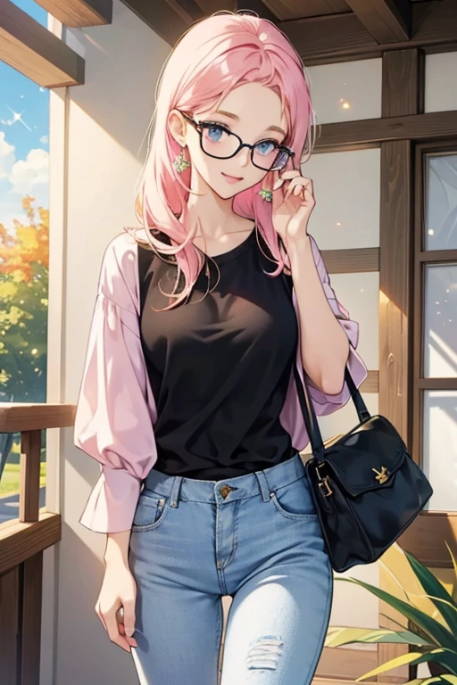 In Happy Home Designer, when her house is designed, the player can visit her and find her in casual wear. She wears a pink and white blouse, light blue jeans, and black glasses. Otherwise she wears her usual summer clothing as seen in New Leaf, and her clothing does not change during fall or winter. SPARKLE; GLITTER