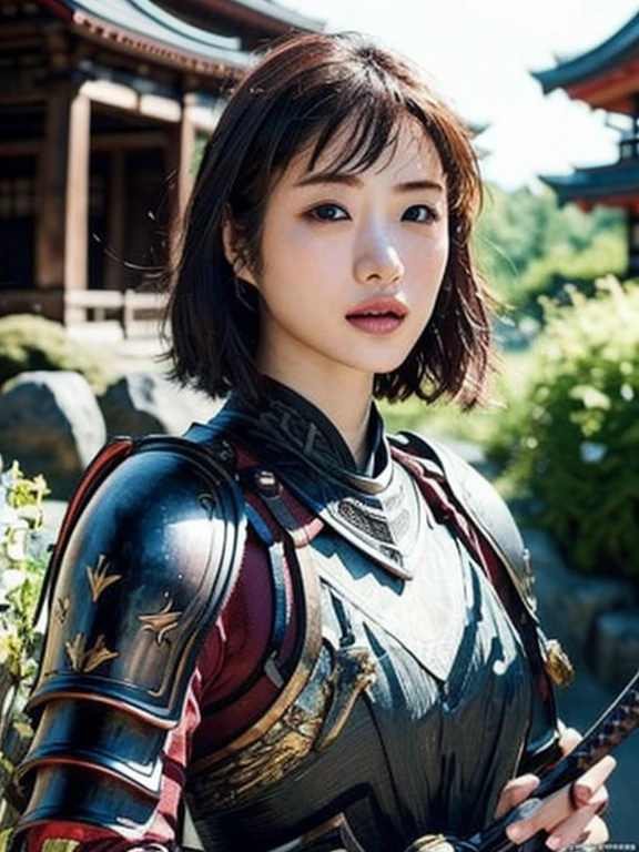 master piece, best quality, (((real、realistic:1.37))), ((solo)), 8K quality , very delicate and beautiful, wonderful, Official art with attention to detail, incredibly ridiculous, huge file size, Super verbose, very detailed, (pretty girl), (detailed girl), small eyes and face, detailed and beautiful eyes, light makeup, (1 girl), (perfect woman image), big breasts, slim waist, big ass, (beauty of japan), ((whole body)), With bangs, ((Samurai Japan Woman)), ((Japanese ebony armor)), (Detailed Japan armor), (18-year-old), ((Samurai Japan Woman)), ((Japanese ebony armor)) , Wakizashi, (Detailed Japan armor), ((exposed exposed)), Shrines and temples,