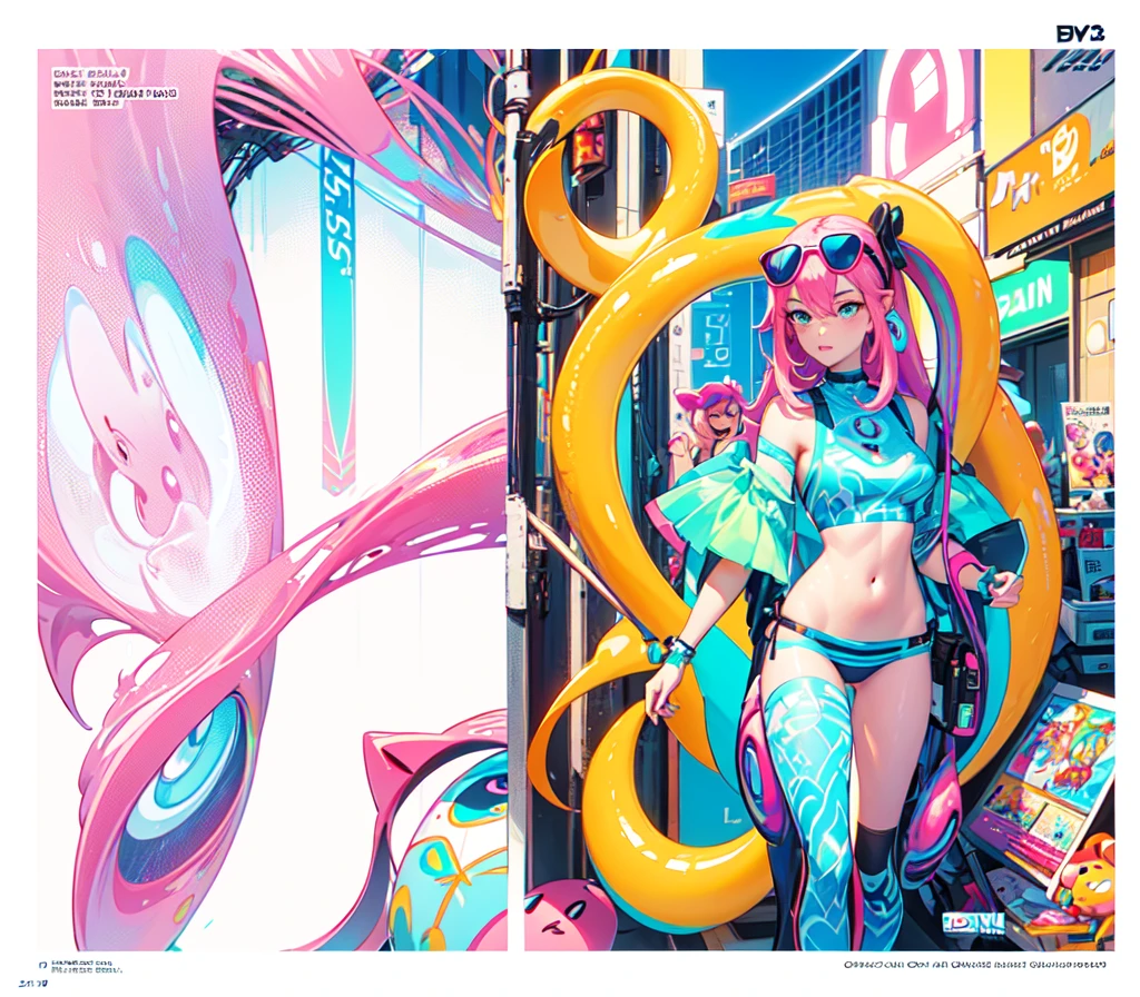 a close up of a drawing of a woman in a bikini next to a man, digital art. colorful comic, comic digital art, 3 d neon art of a womens body, digital art!!, airbrush digital art, digital art hi, [ digital art ]!!, digital art cartoon, digital art picture, humanoid pink female squid girl, colored screentone