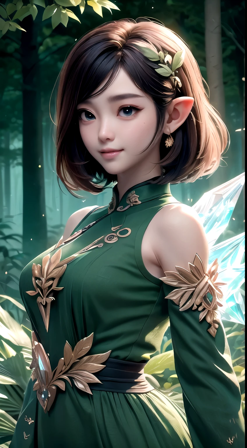 (Masterpiece, Top Quality, Best, Official Art, Beautiful and Aesthetic, Long Exposure: 1.2), Smooth Movement, Charming Patterns, 1 Girl, (Long Dress with Sleeves: 1.3), (((Green Clothes) )), upper body close-up, bare shoulders, Chinese girl, blush, black lob hair, portrait, solo, upper body, looking at the observer, detailed background, detailed face, (crystallineAI, crystalline theme:1.1), elemental wood elf, rotation foliage, control foliage, emerald clothing, dynamic pose, floating particles, ethereal dynamics, foliage, vapor, forest in the background, green tint, forest, ethereal atmosphere,