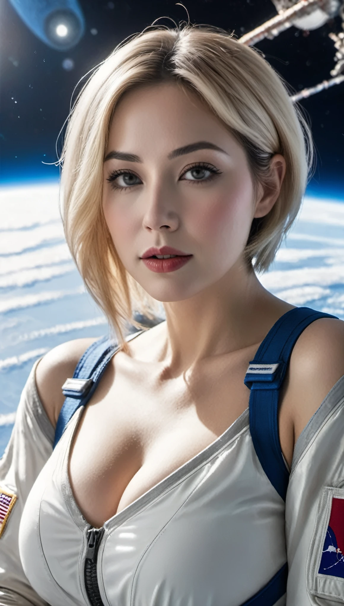 (((surreal woman)))、((very beautiful 30 year old white woman))、(((Big big cleavage)))、(((woman astronaut)))、(((Big big cleavage)))、
short hair、blonde mature、Chubby body type、beautiful expression、fine brown eyes、stay on a huge space station、red lips、(((Please put on your space suit)))、(((alone)))、