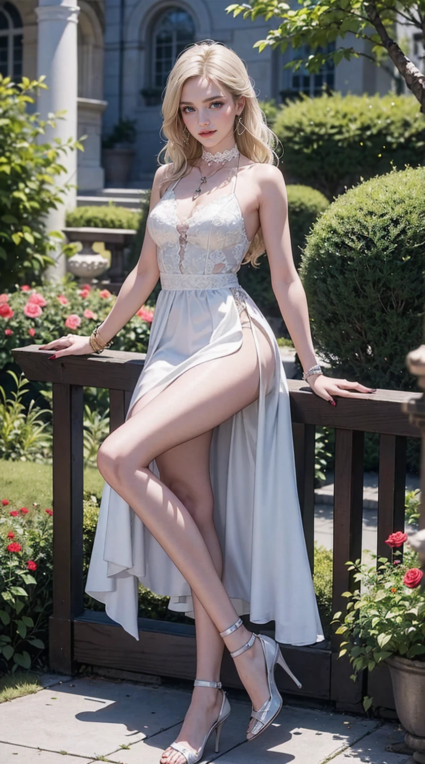 (highest quality, High resolution, masterpiece :1.3), 25 year old white woman、platinum blonde、blue eyeedium long hair、my hair is wavy、smile、Slender but well-proportioned muscular body、I'm wearing earrings、I'm wearing a necklace、Wear accessories on your wrists and ankles、I'm wearing a ring、I don't want my head to disappear from the screen.、Wearing red nail polish、I have a peticure、smile、wearing high heels、wearing a lace choker、wearing a mermaid dress、I am in a garden with an arch full of roses.、The arch is covered with roses