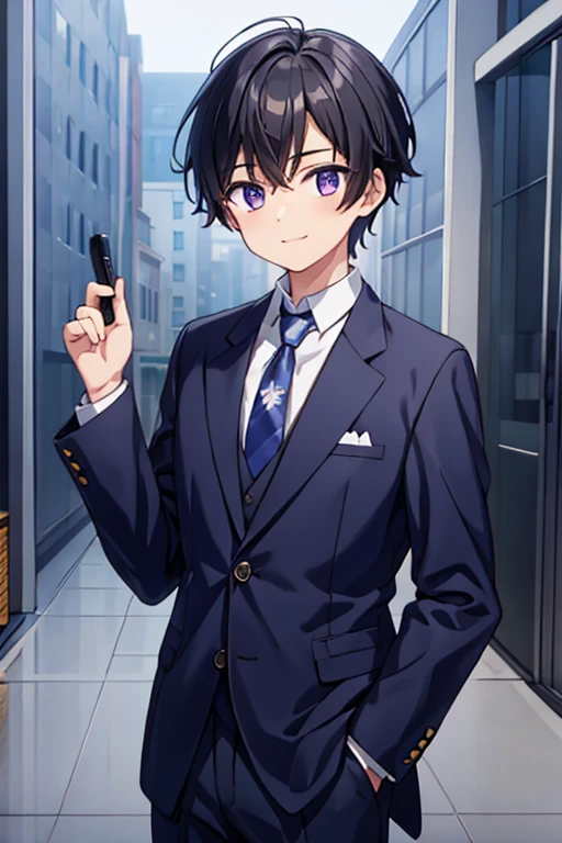 1boy, short black hair, light purple eyes, smiling, cozy pose, wearing navy blue jacket, silver buttons, straight trousers and a tie, white shirt under the jacket., white room, detailed eyes and hands, absurdres, high res, ultrasharp, 8K, masterpiece, looking at viewer