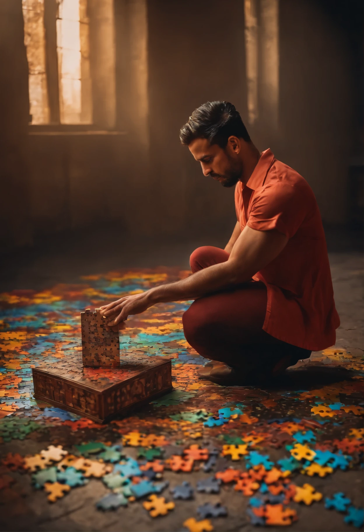 Man on his knees picking up missing puzzle from his chest 