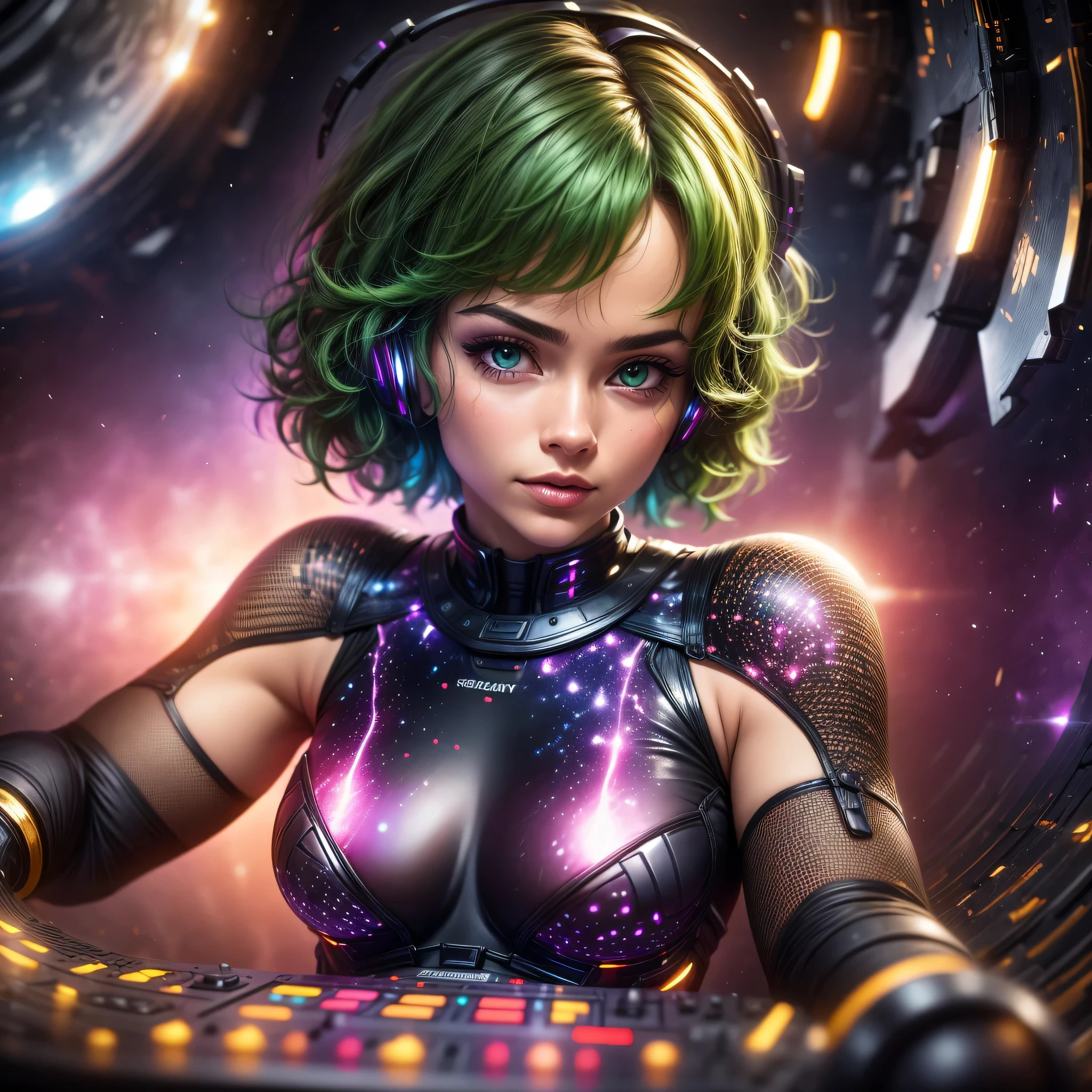(Latina woman, Latina), (smirking), (green hair with a fringe, short hair, curly hair) , (Beautiful green eyes) , (small boobs) , Official art, Unified 8k wallpaper, Super detailed, beautiful, masterpiece, best quality, original, masterpiece, super fine photo, best quality, realistic realism, warm sunset light, amazing beauty, dynamic pose, delicate face, vibrant eyes, ((galaxy_tank top, plated_skirt)), realistic skin details, visible pores, clear focus, volumetric fog, playing DJ, DJ set, DJ booth, Mixing Console, Highest quality, Skin texture, Intricate details, galaxy background, universe background, planets in background, starry