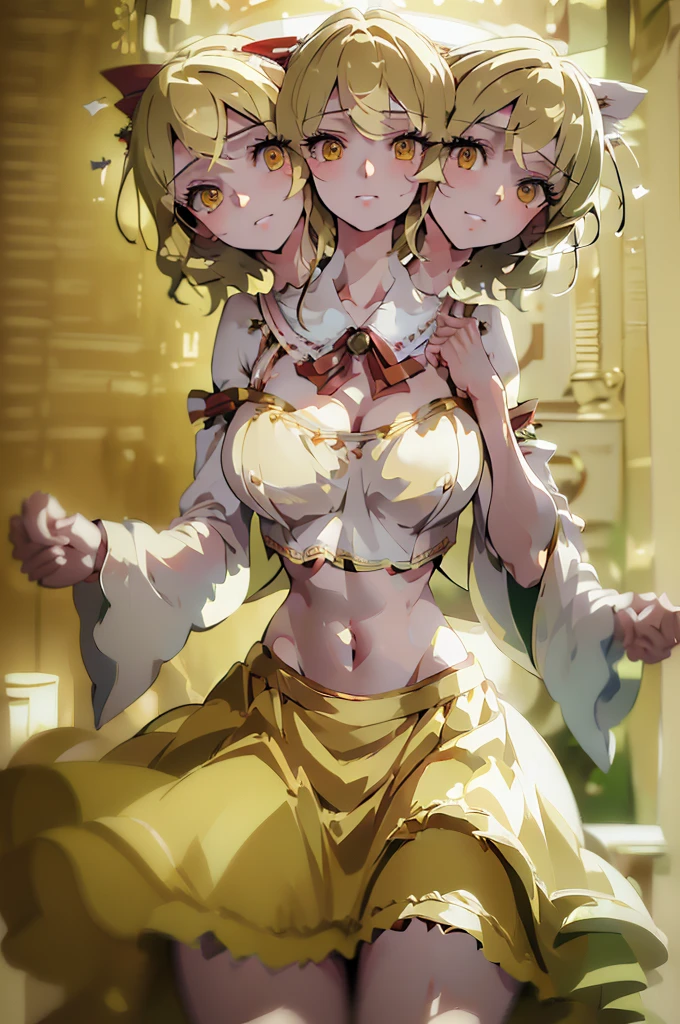 (masterpiece, best quality), best quality, (ultra-detailed), (3heads:1.5), 1girl, (rin satsuki :1.3), masterpiece, (best quality:1.5, highres, UHD), highres, absurdo, ultra detail, ultra quality, Ultra resolution, white top, crop top, ((stomach)), midriff, ((groin)), red skirt, normal ears, shackles, blonde hair, very long hair, wavy hair, sidelocks, green eyes, very detailed eyes, parted lips, sweat, cute, toned belly, hand on own chest, eyelashes, (24 year old woman:1.3), (masterpiece:1.5), (best quality:1.5), (beautiful detailed extremely detailed CG, extremely delicate and beautiful, depth of field, (finely detailed face), (perfect details:1.2), (mature female:1.4), wide pelvis, slender, large veiny breast, 16k resolution, highres, very high quality, very high definition, extremely detailed, masterpiece, blonde hair, long hair, alluring presence, braid, short skirt, close up, big tits, young, red bow,