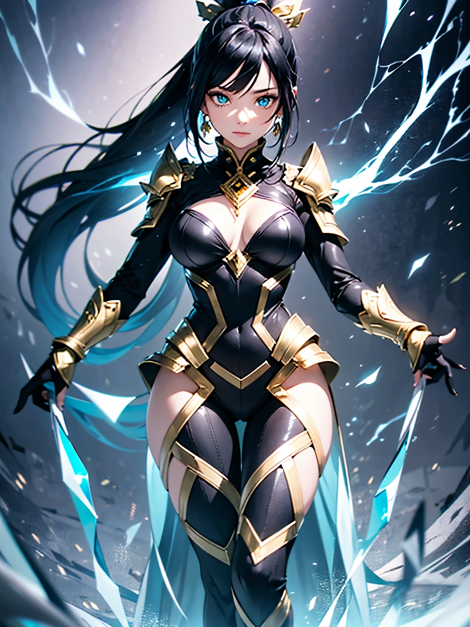 a mature woman, Confident, mighty and strong, (black blue hair streaked sky blue luminous hair), ((Extra long high ponytail with single side ear front hair combed in back)), floating hair, hair strand, shiny hair, blue amber eyes, pupils sparkling, aqua eyes, glowing eyes, pupils sparkling, upturned eyes, long upper eyelashes, double eyelids, deep red purple lips, white crystal earrings, a slight smile, (((Glowing clothing effect))), (Silver full body heavy armor), (((super high exquisite black and gold twin color pattern on silver armor))), ((Right hand holds a silver spear with lightning)), ((The left forearm is surrounded by fire and lightning)), (A huge upright lightning ring totem floats behind the shoulders), She is a war goddess, Random pose, Random expressions, Random background, White light surrounding the body, god rays, anime, full_body, Wide-Angle, UHD, masterpiece, award winning, 8k, super detail, best quality, retina, ccurate, super textured skin, super detail face, perfect face, Super fine facial details, beautiful and delicate eyes, perfect eyes, anatomically correct, correct limbs, correct finger, super detail finger, best hair quality, best clothing quality, best prop quality, best totem detail and quality, complex totem detail
