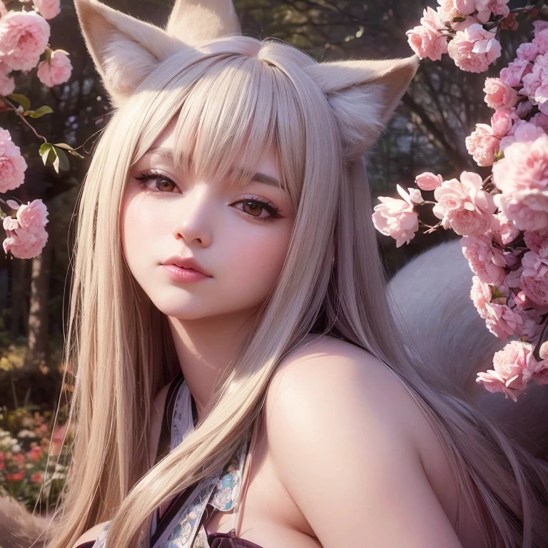 (best quality,4k,8k,highres,masterpiece:1.2),ultra-detailed,(realistic,photorealistic,photo-realistic:1.37),portraits,pastel colors,soft lighting,fantasy atmosphere,girl with fox ears and tail,peaceful garden setting,golden sunset,flowing cherry blossom trees,pagoda in the background,serene expression,traditional Japanese clothing,kawaii style,subtle makeup,divine aura,spiritual charm,gleaming fox mask,captivating gaze,delicate floral patterns,serene peacefulness,pure innocence,ethereal beauty,harmonious blend of nature and culture,gentle breeze rustling through the leaves,whisper of enchantment,symbol of tranquility]