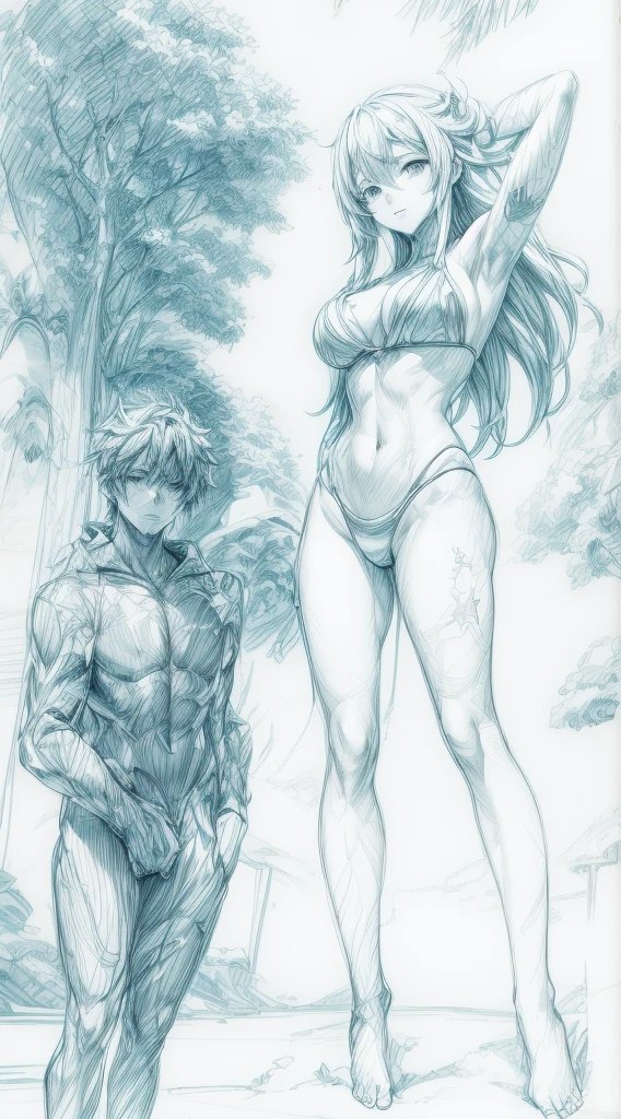 sketches of a woman in a bikini and a man in a swim suit, hands behind her body pose!, various pose, sketchy artstyle, anime pose, ecchi anime style, various poses, ecchi style, clean anime outlines, some trees in the background, anime proportions, character is in her natural pose, speed painting and scribble art