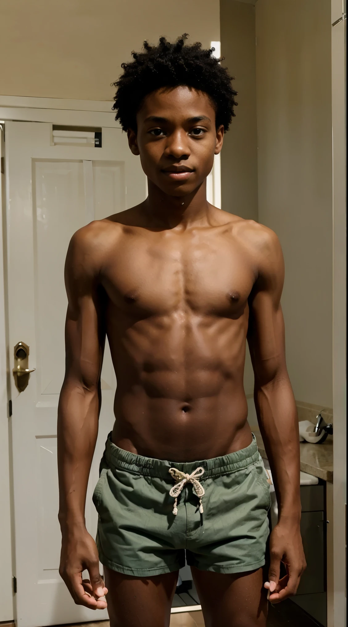 african american，male，thin，slim，Upper body exposed，stand，，whole body，brown shorts，brown shorts，barefoot，no muscles，reach out，Upper body exposed