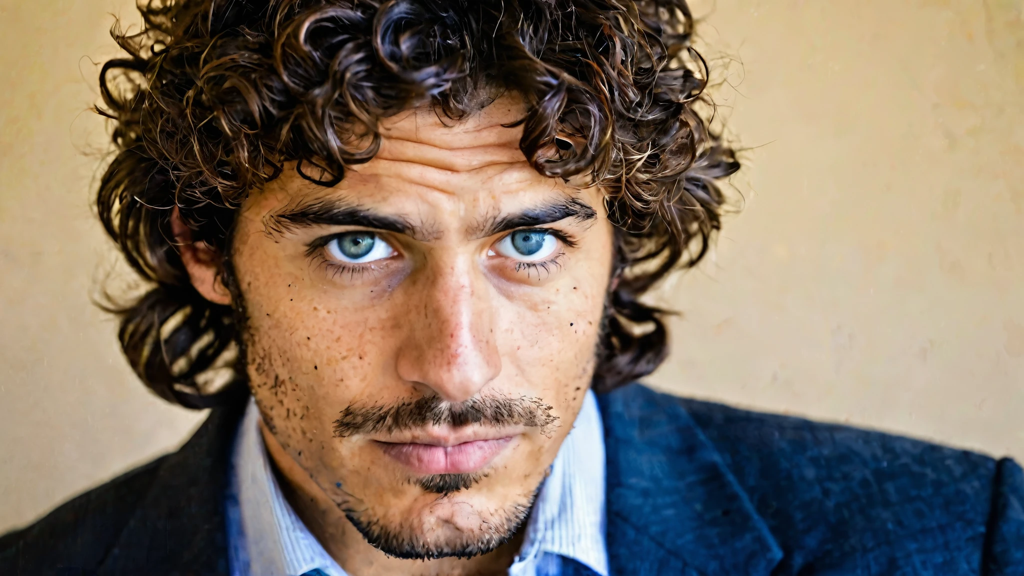 Homem de olhar perspicaz, cabelo castanho ondulado, olhos azul-acinzentados, with introspective expression. Usa blazer discreto sob luz suave; retrato hiperdetalhado, head and shoulders.