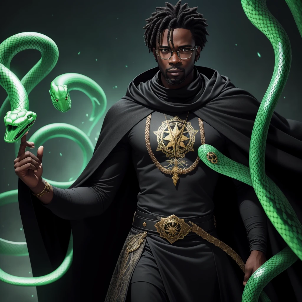 Picture prompt: A 2D image of a Black man exuding a powerful aura and magical energies, wearing Juliet glasses and a cloak adorned with a snake emblem in the middle.
Black man, 2D, Powerful aura, Magical energies, Juliet glasses, Black and green cloak, Snake emblem
A Black man with an imposing presence radiates magic through his being, captured in a 2D image. He wears Juliet glasses that add an intriguing air to his appearance. The man's cloak, black and green, is draped elegantly over his shoulders, displaying a prominently featured snake emblem in the middle.