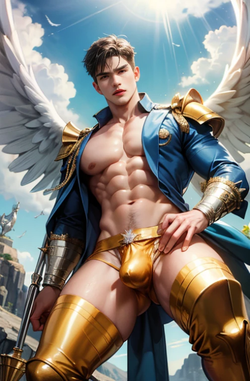 (nonsense, High resolution, very detailed, HDR), Masterpiece, best quality, A drawing of a boy, handsome man with red eyes, detailed face, professional photos, An Arav man enters the fight shirtless., Fight comfortably，legs open, (Swollen nipples(from below:1.1)), Focus on your audience,18 year old boy, handsome man, [ well defined body ]，abdomen，chest muscles，Big bulge，angel，wing，feather，cloud，cloud,((((Convex crotch)))),He was wearing blue crystal boots with a gold pattern.