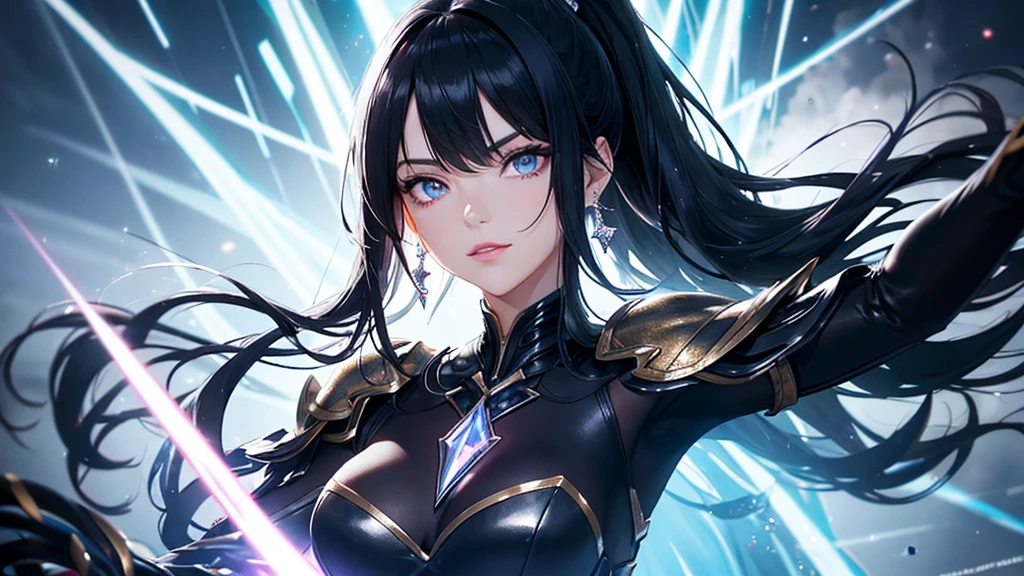 a mature woman, Confident, mighty and strong, (black blue hair streaked sky blue luminous hair), Extra long high ponytail with single side ear front hair combed in back, floating hair, hair strand, shiny hair, blue amber eyes, pupils sparkling, aqua eyes, glowing eyes, pupils sparkling, upturned eyes, long upper eyelashes, double eyelids, deep red purple lips, white crystal earrings, a slight smile, Glowing clothing effect, Silver full body heavy armor, super high exquisite black and gold twin color pattern on silver armor, (Right hand holds a silver spear with lightning), (The left forearm is surrounded by fire and lightning), (A huge upright lightning ring totem floats behind the shoulders), She is a war goddess, Random pose, Random expressions, Random background, White light surrounding the body, god rays, anime, UHD, masterpiece, award winning, 8k, super detail, best quality, retina, ccurate, super textured skin, super detail face, perfect face, Super fine facial details, beautiful and delicate eyes, perfect eyes, anatomically correct, correct limbs, correct figner, super detail figner, best hair quality, best clothing quality, best prop quality, best totem detail and quality, complex totem detai
