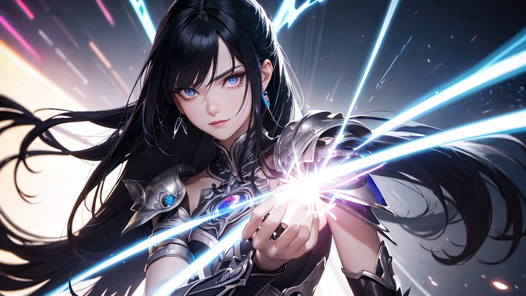 a mature woman, Confident, mighty and strong, (black blue hair streaked sky blue luminous hair), Extra long high ponytail with single side ear front hair combed in back, floating hair, hair strand, shiny hair, blue amber eyes, pupils sparkling, aqua eyes, glowing eyes, pupils sparkling, upturned eyes, long upper eyelashes, double eyelids, deep red purple lips, white crystal earrings, a slight smile, Glowing clothing effect, Silver full body heavy armor, super high exquisite black and gold twin color pattern on silver armor, (Right hand holds a silver spear with lightning), (The left forearm is surrounded by fire and lightning), (A huge upright lightning ring totem floats behind the shoulders), She is a war goddess, Random pose, Random expressions, Random background, White light surrounding the body, god rays, anime, UHD, masterpiece, award winning, 8k, super detail, best quality, retina, ccurate, super textured skin, super detail face, perfect face, Super fine facial details, beautiful and delicate eyes, perfect eyes, anatomically correct, correct limbs, correct figner, super detail figner, best hair quality, best clothing quality, best prop quality, best totem detail and quality, complex totem detai