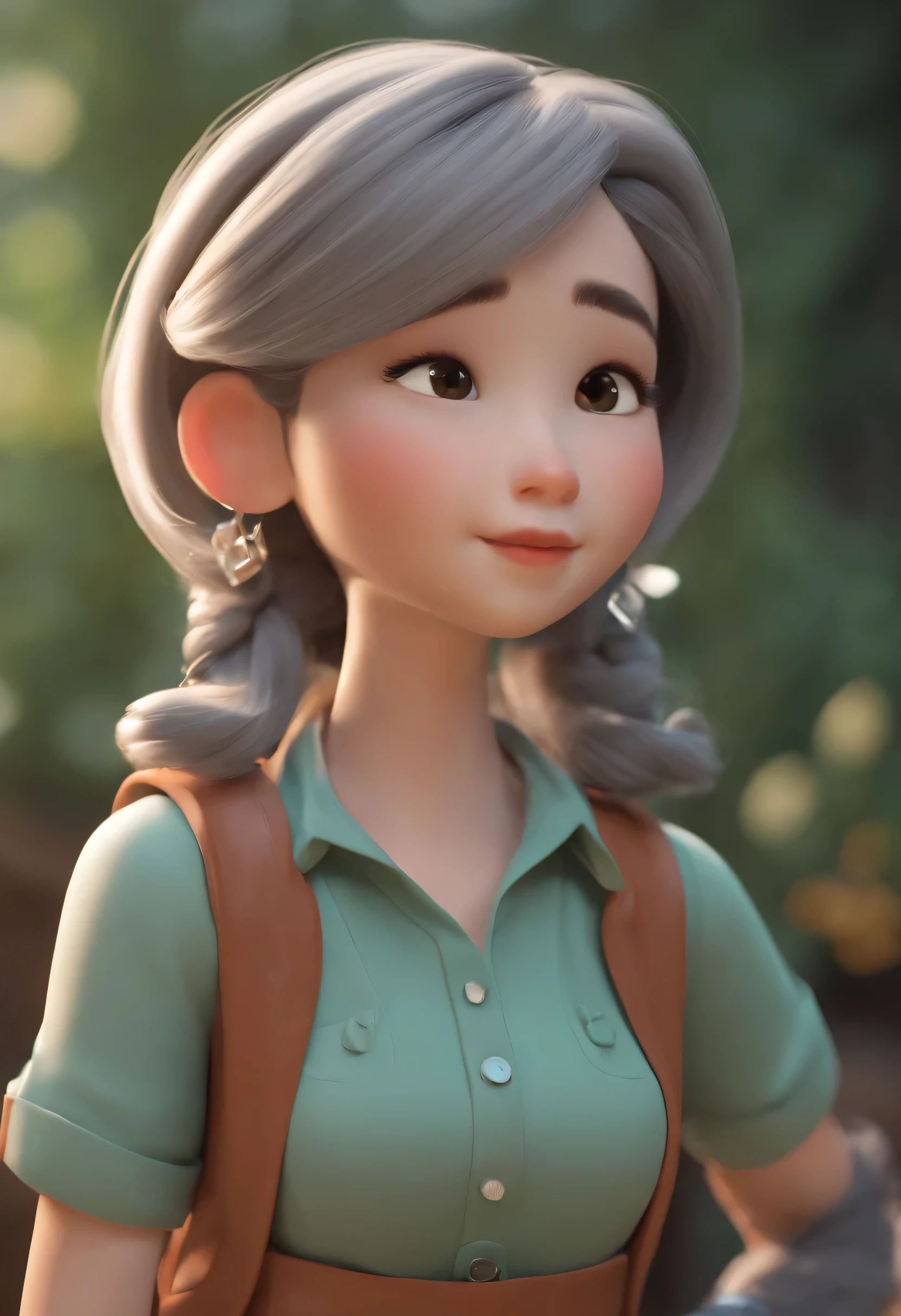 Cartoon characters of a girl wearing pastel green glasses and pink shirt,Long gray hair with suspenders animation character, stylized characters, animation style rendering, 3D stylization, Arnold Maya Rendering, Render 3D stylization, Cartoon rendering key shots, 3D characters, 3D characters, Stylized 3D rendering, 3D characters rendering, Cartoon characters, Close-up of people, Character pose, (Pixar style) (main part:1.2) (Bokeh) (best quality) (Delicate skin) (Detailed texture) (8K) (clay) (movie lighting) (sharp focus