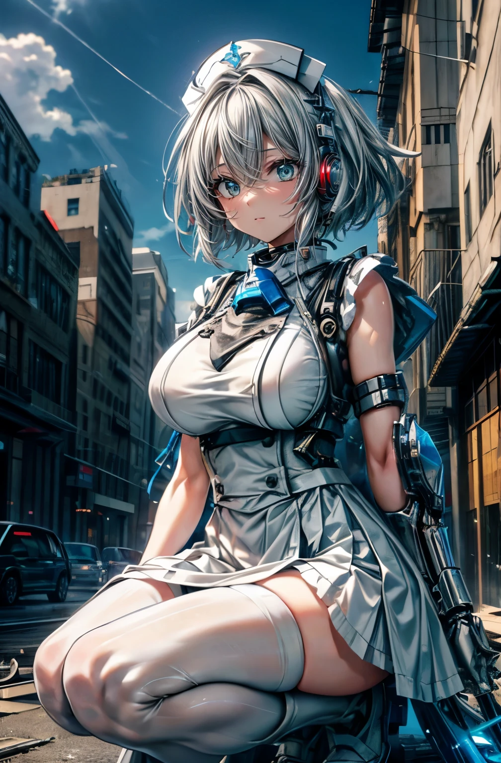 hyper quality、8K quality、High resolution、Image quality taken with a single-lens reflex camera、(SFW)、perfect anatomy、(White theme)Critical care、Mecha girl of justice、Beautiful girl with short gray ash hair、green eyes、Goddess smile、big breasts、（exposed thighs、squat:1.2）(white long nurse uniform、nurse style long skirt、medical equipment 1.6)(Mechanical parts below the elbow and below the knee:1.3)BREAK、（perfect anatomy:1.4）BREAK(white broken wall、daytime outdoors、Endless blue sky、horizon、destroyed city、A city where hope has disappeared:1.3)
