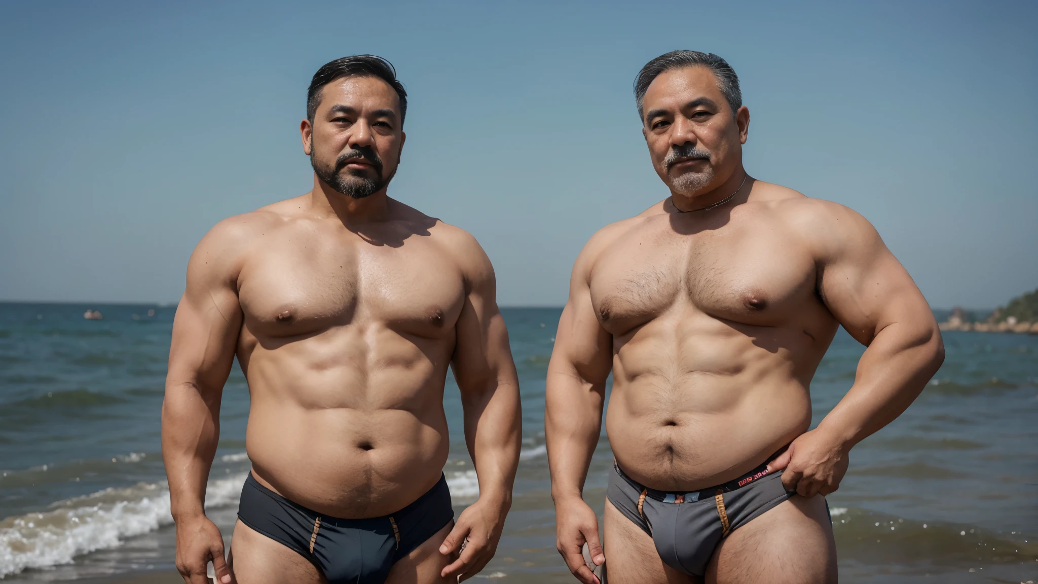 2 Vietnamese grandfathers with gray hair, mature face, a thick mustache, a short chin beard, bear body, wearing a massive bulging gray jockstraps standing at the sea, have belly, big muscular chest, a sexy pose.
