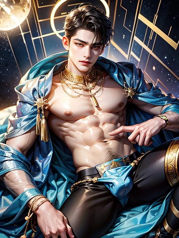 man with halo armor,  in a space base,Slightly rusty aura armor, professional photos, Milky Way Arav, a man with a necklace made of blue crystals on his neck and torso, shirtless., have a belly, Sit comfortably while spreading your legs., (fat(from below:1.1)), Eyes on the viewer, Korean muscular boy, 2 1 years old, [ Strictly defines the abdomen ]!!, perfect body, 21 years old, 22 years old, tear, Medium shot of the big man., Asian man, [ A firmly defined abdomen ]!!, 18 years old,((((Convex crotch)))),A golden shawl decorated with blue crystals.