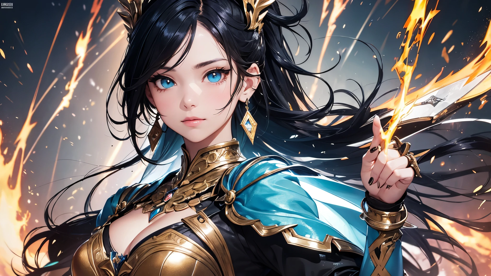 a mature woman, Confident, mighty and strong, (black blue hair streaked sky blue luminous hair), ((Extra long high ponytail with single side ear front hair combed in back)), floating hair, hair strand, shiny hair, blue amber eyes, pupils sparkling, aqua eyes, glowing eyes, pupils sparkling, upturned eyes, long upper eyelashes, double eyelids, deep red purple lips, white crystal earrings, a slight smile, (((Glowing clothing effect))), (Silver full body heavy armor), (((super high exquisite black and gold twin color pattern on silver armor))), ((Right hand holds a silver spear with lightning)), ((The left forearm is surrounded by fire and lightning)), (A huge upright lightning ring totem floats behind the shoulders), She is a war goddess, Random pose, Random expressions, Random background, White light surrounding the body, god rays, anime, full_body, Wide-Angle, UHD, masterpiece, award winning, 8k, super detail, best quality, retina, ccurate, super textured skin, super detail face, perfect face, Super fine facial details, beautiful and delicate eyes, perfect eyes, anatomically correct, correct limbs, correct finger, super detail finger, best hair quality, best clothing quality, best prop quality, best totem detail and quality, complex totem detail