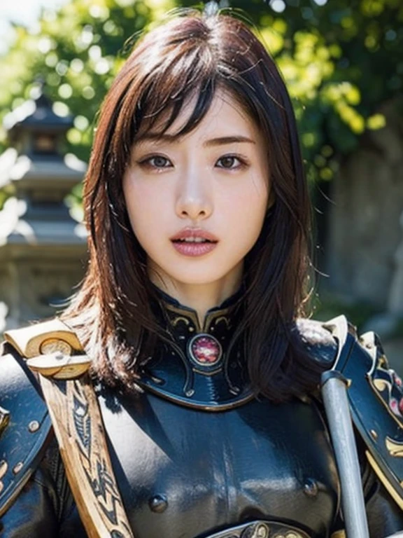 master piece, best quality, (((real、realistic:1.37))), ((solo)), 8K quality , very delicate and beautiful, wonderful, Official art with attention to detail, incredibly ridiculous, huge file size, Super verbose, very detailed, (pretty girl), (detailed girl), small eyes and face, detailed and beautiful eyes, light makeup, (1 girl), (perfect woman image), big breasts, slim waist, big ass, (beauty of japan), ((whole body)), With bangs, ((Samurai Japan Woman)), ((Japanese ebony armor)), (Detailed Japan armor), (18-year-old), ((Samurai Japan Woman)), ((Japanese ebony armor)) , Wakizashi, (Detailed Japan armor), ((exposed exposed)), Shrines and temples,