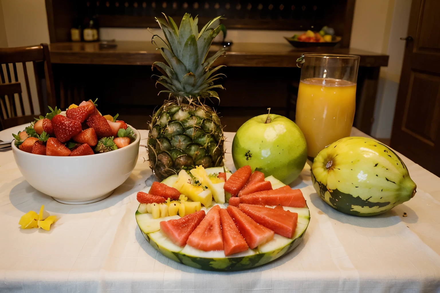 On the table there must be watermelon, strawberries, papaya, mango and pineapple.

