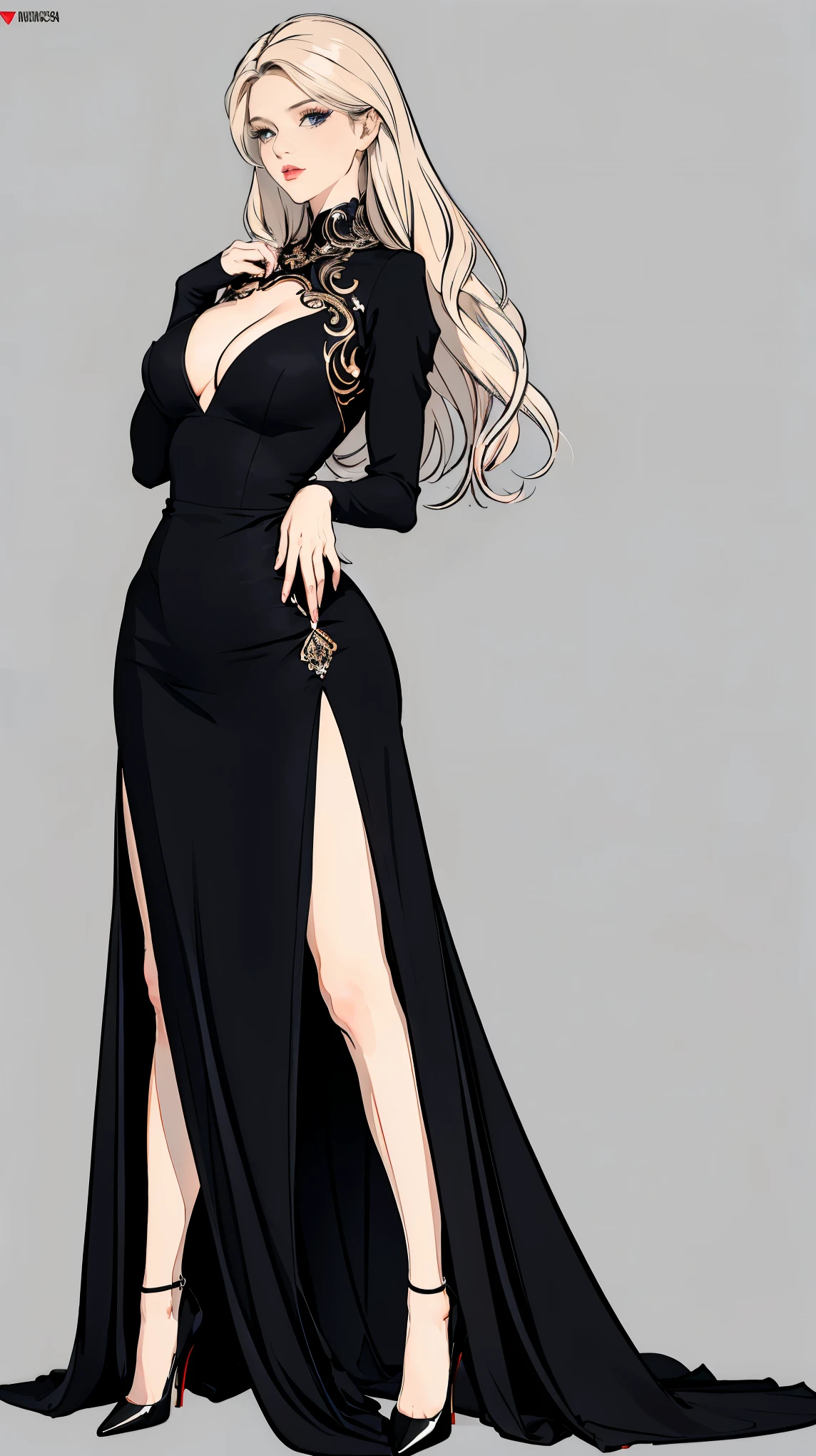 ((best quality,4k,highres,masterpiece:1.2)),((character concept art)), 1 female, age 21, German origin. With her platinum blonde hair, icy blue eyes, and an enigmatic aura, she exudes an irresistible allure. Known in the art world as a resourceful and cunning art dealer, Elsa's rumored shadowy past only enhances her intriguing persona. Her body language is as captivating as her intellect, always exuding confidence and sophistication. She is wearing a tailored, sleek black Hugo Boss Style Night Gown, characterized by its luxurious satin fabric, deep V-neckline, and a flowing skirt. The gown's minimalist black color enhances her enigmatic persona. Complementing her attire is a diamond necklace that matches the sparkle in her eyes. Her shoes are Christian Louboutin high heels that add to her stature and grace. ((intricate detail)), super finely detailed hands, ultra finely detailed fingers(((ten fingers))), (standing confidently), (full body showcase), (show full body), (no logos on background), (no logo), ((plain background)), ((plain background)), (((empty background))).