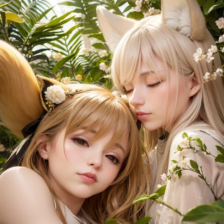(best quality,4k,8k,highres,masterpiece:1.2),ultra-detailed,(realistic,photorealistic,photo-realistic:1.37),portraits,pastel colors,soft lighting,fantasy atmosphere,girl with fox ears and tail,peaceful garden setting,golden sunset,flowing cherry blossom trees,pagoda in the background,serene expression,traditional Japanese clothing,kawaii style,subtle makeup,divine aura,spiritual charm,gleaming fox mask,captivating gaze,delicate floral patterns,serene peacefulness,pure innocence,ethereal beauty,harmonious blend of nature and culture,gentle breeze rustling through the leaves,whisper of enchantment,symbol of tranquility]