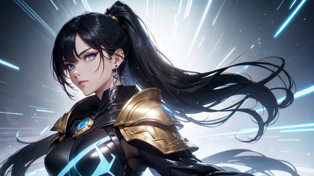 a mature woman, Confident, mighty and strong, (black blue hair streaked sky blue luminous hair), ((Extra long high ponytail with single side ear front hair combed in back)), floating hair, hair strand, shiny hair, blue amber eyes, pupils sparkling, aqua eyes, glowing eyes, pupils sparkling, upturned eyes, long upper eyelashes, double eyelids, deep red purple lips, white crystal earrings, a slight smile, (((Glowing clothing effect))), (Silver full body heavy armor), (((super high exquisite black and gold twin color pattern on silver armor))), ((Right hand holds a silver spear with lightning)), ((The left forearm is surrounded by fire and lightning)), (A huge upright lightning ring totem floats behind the shoulders), She is a war goddess, Random pose, Random expressions, Random background, White light surrounding the body, god rays, anime, full_body, Wide-Angle, UHD, masterpiece, award winning, 8k, super detail, best quality, retina, ccurate, super textured skin, super detail face, perfect face, Super fine facial details, beautiful and delicate eyes, perfect eyes, anatomically correct, correct limbs, correct finger, super detail finger, best hair quality, best clothing quality, best prop quality, best totem detail and quality, complex totem detail