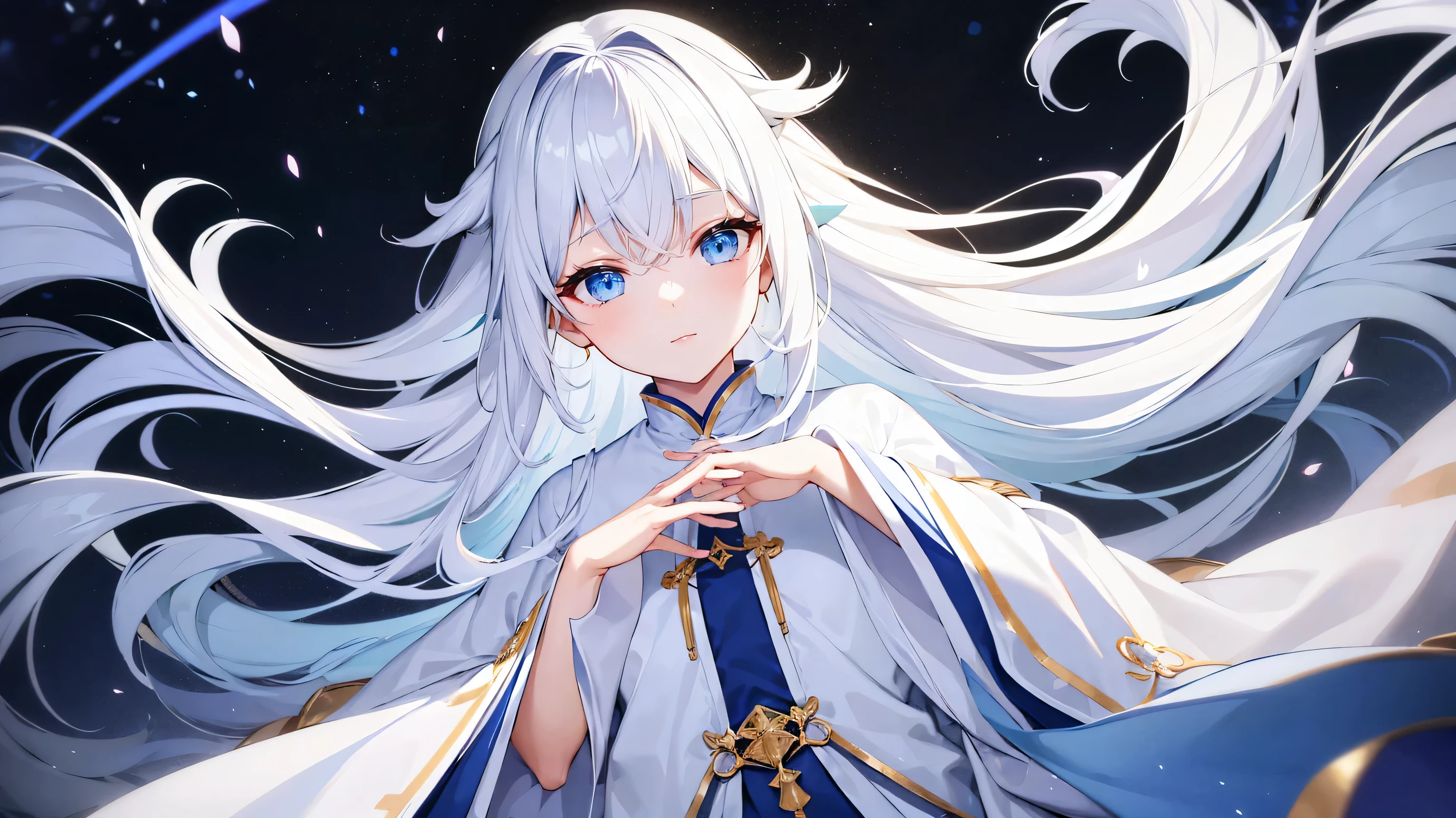 very cute girl、white hair、Light Blue Eye、medium long hair、Gold holy robe、