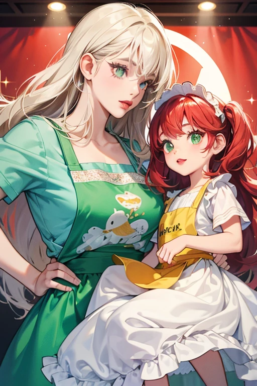 Kaitlin looks nearly identical to her daughter, but wears a green apron with a white fish on it and has big, red lips. Kaitlin has two eyelashes on each eye, instead of one like her daughter. SPARKLE; GLITTER