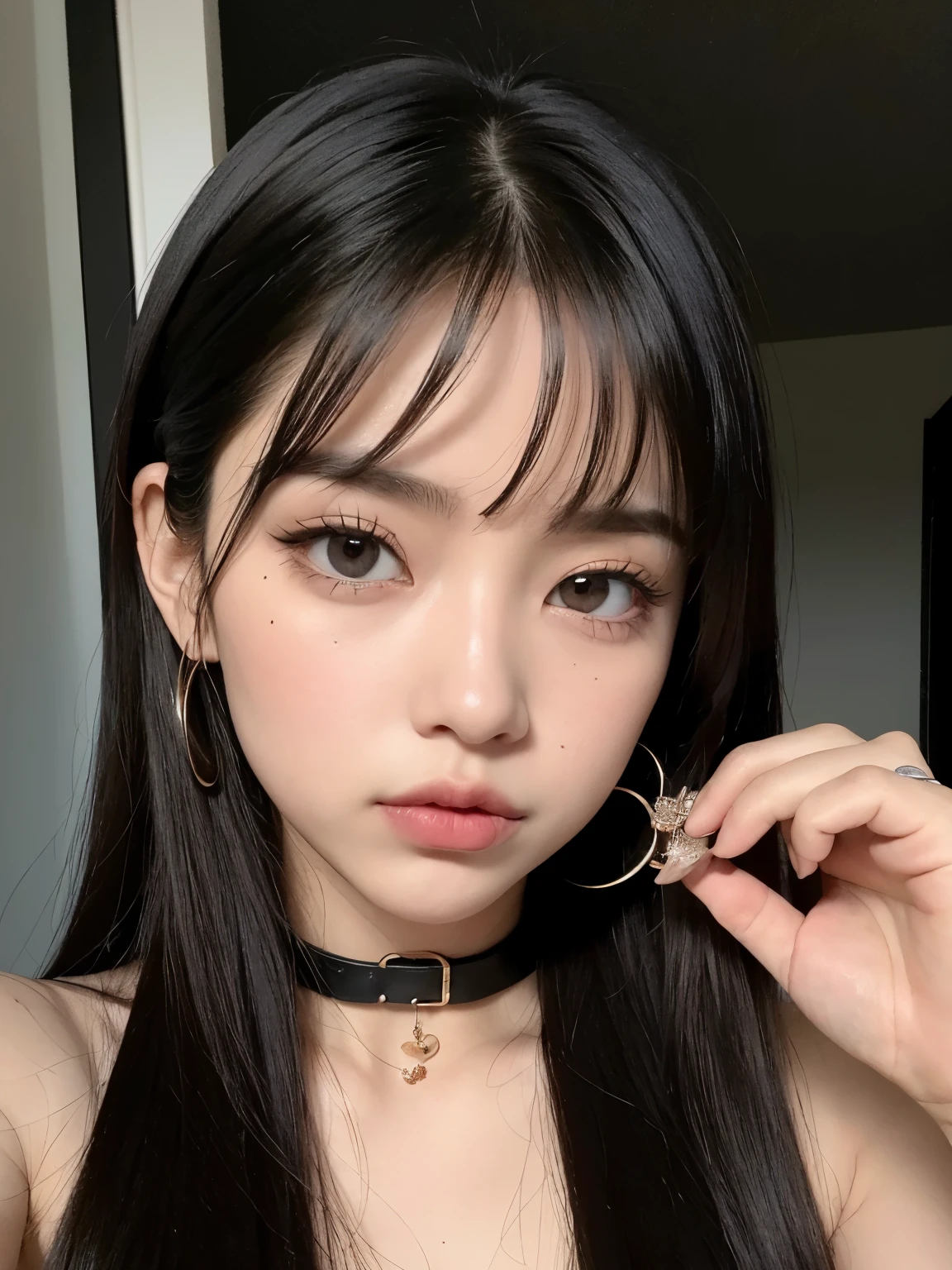 Araffe asian woman with long black hair and a choke, O corte Hime, preto hime corte cabelo, Ulzzang, branco hime corte penteado, cabelo arrumado com franja, Lalisa Manobal, Chiho, com cabelos longos e olhos penetrantes, Franja reta longa, Sui Ishida com cabelo preto, whitebangscabelo negro, com franja