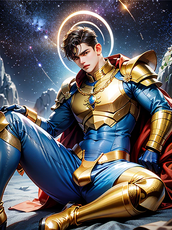 man with halo armor,  in a space base,Slightly rusty aura armor, professional photos, Milky Way Arav, a man with a whole necklace made of blue crystals on his neck and torso, shirtless., have a belly, Sit comfortably while spreading your legs., (fat(from below:1.1)), Eyes on the viewer, Korean muscular boy, 2 1 years old, [ Strictly defines the abdomen ]!!, perfect body, 21 years old, 22 years old, tear, Medium shot of the big man., Asian man, [ A firmly defined abdomen ]!!, 18 years old,((((Convex crotch)))),A golden shawl decorated with blue crystals.,Decorate the scene with crystals