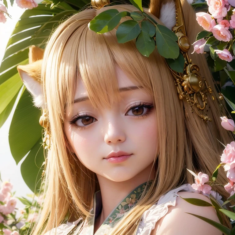 (best quality,4k,8k,highres,masterpiece:1.2),ultra-detailed,(realistic,photorealistic,photo-realistic:1.37),portraits,pastel colors,soft lighting,fantasy atmosphere,girl with fox ears and tail,peaceful garden setting,golden sunset,flowing cherry blossom trees,pagoda in the background,serene expression,traditional Japanese clothing,kawaii style,subtle makeup,divine aura,spiritual charm,gleaming fox mask,captivating gaze,delicate floral patterns,serene peacefulness,pure innocence,ethereal beauty,harmonious blend of nature and culture,gentle breeze rustling through the leaves,whisper of enchantment,symbol of tranquility]