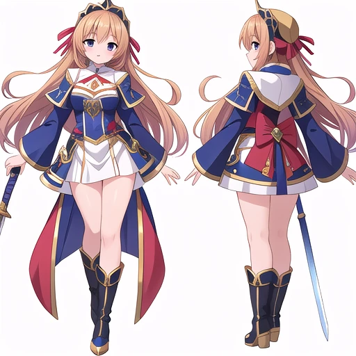 masterpiece, best quality, cute eyes, 1girl, solo, high fantasy costume, sex pose,  ((white background)), full body, multiple views, boots, sword,