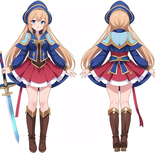 masterpiece, best quality, cute eyes, 1girl, solo, high fantasy costume, sex pose, ((white background)), full body, multiple views, boots, sword,