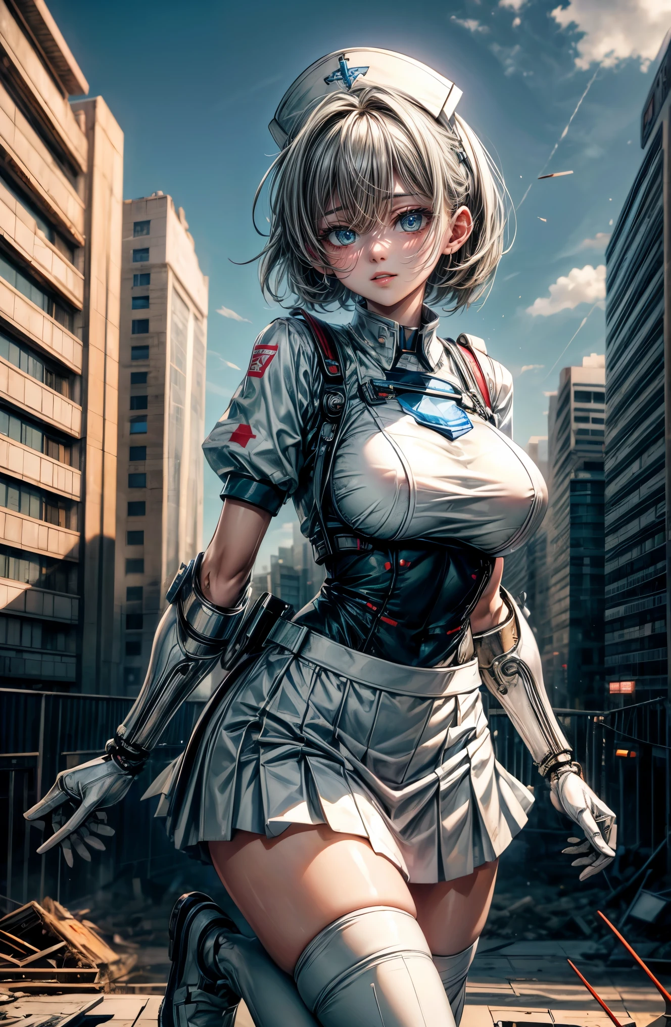 hyper quality、8K quality、High resolution、Image quality taken with a single-lens reflex camera、(SFW)、perfect anatomy、(White theme)Critical care、Mecha girl of justice、Beautiful girl with short gray ash hair、green eyes、Goddess smile、big breasts、(exposed thighs、squat:1.2)(white long nurse uniform、nurse style long skirt、medical equipment 1.6)(Mechanical parts below the elbow and below the knee:1.3)BREAK、(perfect anatomy:1.4)BREAK(white broken wall、daytime outdoors、Endless blue sky、horizon、destroyed city、A city where hope has disappeared:1.3)