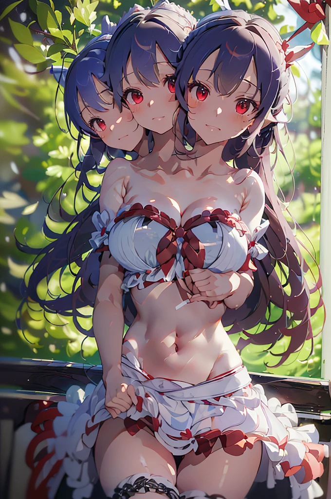 (masterpiece, best quality), best quality, (ultra-detailed), (3heads:1.5), 1girl, (nagae iku:1.3), masterpiece, best quality, ultra quality, ultra resolution, ultra detail, white and red top, crop top, ((stomach)), midriff, ((groin)), black skirt, normal ears, shackles, light indigo hair, very long hair, wavy hair, sidelocks, red eyes, parted lips, midriff, sweat, cute, toned belly, hand on own chest, eyelashes, (24 year old woman:1.3), (masterpiece:1.5), (best quality:1.5), (beautiful detailed, extremely detailed CG, extremely delicate and beautiful, depth of field, (finely detailed face), (perfect details:1.2), (mature female:1.3), wide pelvis, slender, large veiny breast, 16k resolution, highres, very high quality, very high definition, extremely detailed, masterpiece, light indigo hair, long hair, alluring presence, braid, short skirt, close up, big , young, hairband, black hat, red bow, midriff, nsfw,