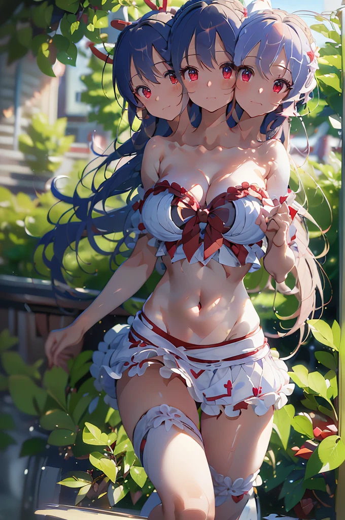 (masterpiece, best quality), best quality, (ultra-detailed), (3heads:1.5), 1girl, (nagae iku:1.3), masterpiece, best quality, ultra quality, ultra resolution, ultra detail, white and red top, crop top, ((stomach)), midriff, ((groin)), black skirt, normal ears, shackles, light indigo hair, very long hair, wavy hair, sidelocks, red eyes, parted lips, midriff, sweat, cute, toned belly, hand on own chest, eyelashes, (24 year old woman:1.3), (masterpiece:1.5), (best quality:1.5), (beautiful detailed, extremely detailed CG, extremely delicate and beautiful, depth of field, (finely detailed face), (perfect details:1.2), (mature female:1.3), wide pelvis, slender, large veiny breast, 16k resolution, highres, very high quality, very high definition, extremely detailed, masterpiece, light indigo hair, long hair, alluring presence, braid, short skirt, close up, big , young, hairband, black hat, red bow, midriff, nsfw,