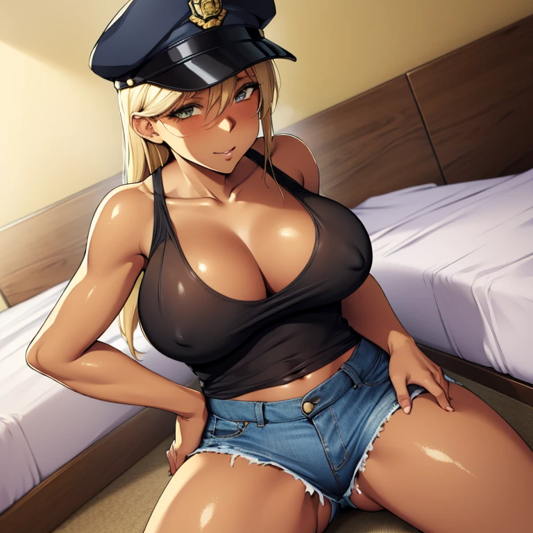 One beautiful woman, a charming face, long blonde hair, black police hat, white tank top, see-through breasts, exposed navel, ripped denim shorts, emphasis on crotch, sexy pose, bedroom