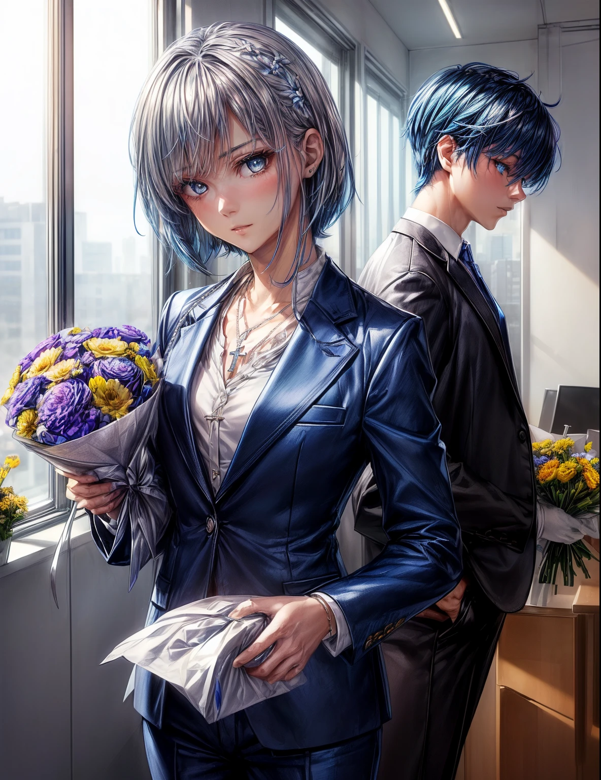 cinematic lighting、highest quality,A bright cyberpunk world、1 female、(20 year old beautiful woman with blue hair、Detailed beautiful facial 、short hair、shoulder length hair、blue eyes:1.4)break,medium hair、((Overall vivid BLUE hair color:2.0))
break(hair all blue:1.5)
(Perfect dark black jacket blazer、dark blue trousers:1.3), (white collar shirt👔、Silver Cross necklace:1.3)、break.
(Stylish, modern office style、Bright office atmosphere、Inside a spacious stylish modern office with windows、daytime:1.2)break(portrait angle)BREAK.(1つの紫の花束💐ブーケを手に持って、give you a bouquet:2.0)holding a bouquet