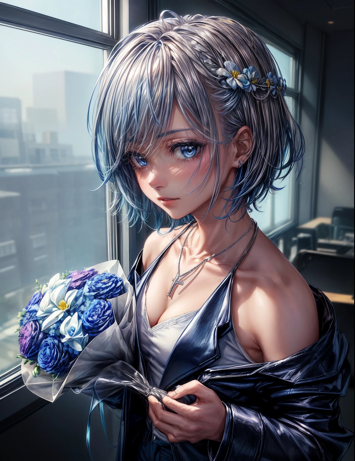 cinematic lighting、highest quality,A bright cyberpunk world、1 female、(20 year old beautiful woman with blue hair、Detailed beautiful facial 、short hair、shoulder length hair、blue eyes:1.4)break,medium hair、((Overall vivid BLUE hair color:2.0))
break(hair all blue:1.5)
(Perfect dark black jacket blazer、dark blue trousers:1.3), (white collar shirt👔、Silver Cross necklace:1.3)、break.
(Stylish, modern office style、Bright office atmosphere、Inside a spacious stylish modern office with windows、daytime:1.2)break(portrait angle)BREAK.(1つの紫の花束💐ブーケを手に持って、give you a bouquet:2.0)holding a bouquet